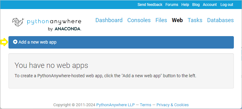 PythonAnywhere "Web"-Bereich zeigt Schaltfläche zum Hinzufügen einer neuen App